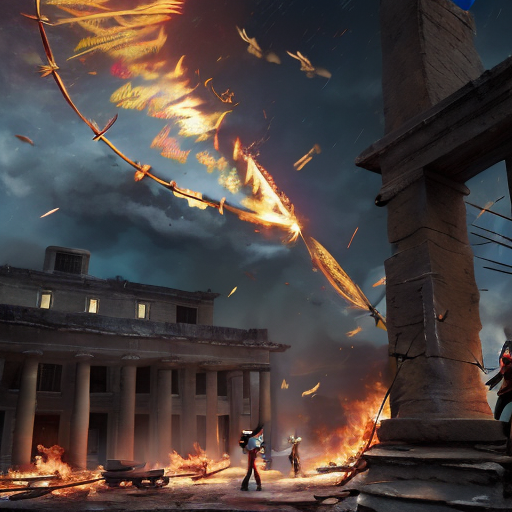 A seemingly remorseful Snow, extending a hand towards a cautious Katniss, their tense encounter framed by the ruins of a once grand Capitol building, as fiery embers of rebellion float in the night sky.